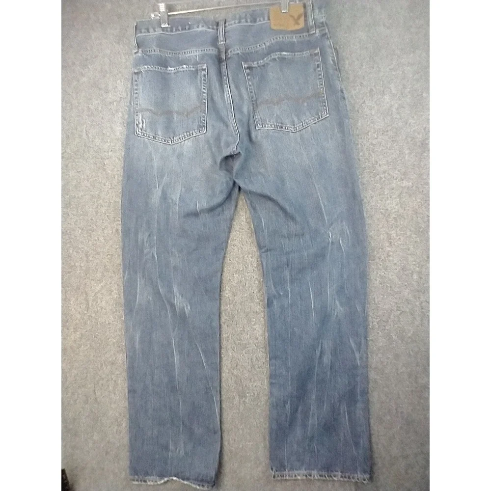 American Eagle Original Straight Jeans Mens 34x34 Blue Distressed Denim